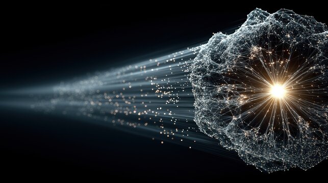 Conceptual 3D CGI render of Earth planet sphere with abstract glowing digital network and data lines in space. Global connectivity, internet of things (IoT), big data, communication technology and bus