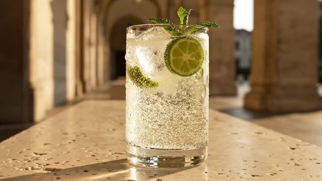 A refreshing drink in a clear glass sits on a stone tabletop, with bubbles rising, adorned with mint leaves and a lime slice, illuminated by golden sunlight in a picturesque courtyard