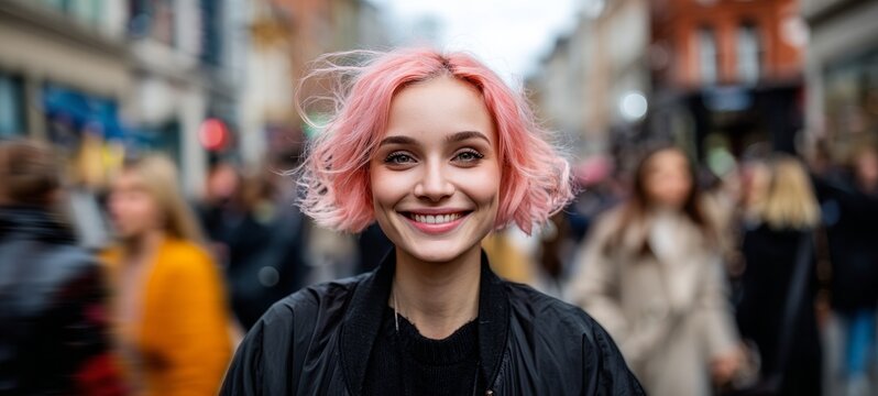 Woman with pink hair standing on busy street.
