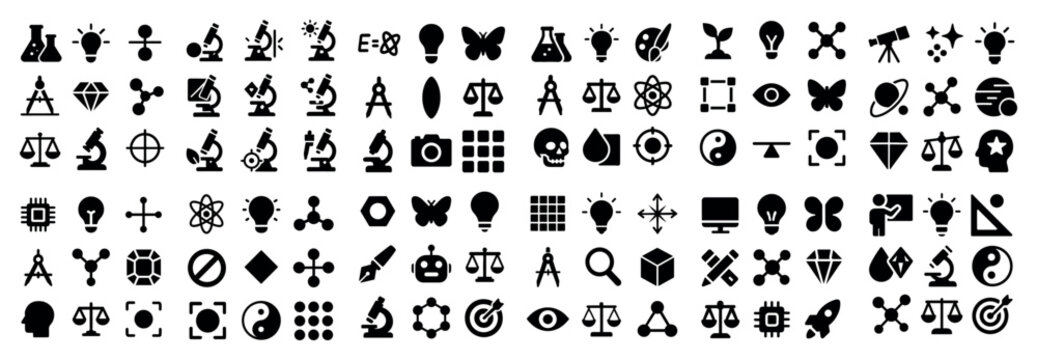Science icons with microscope atom flask solid