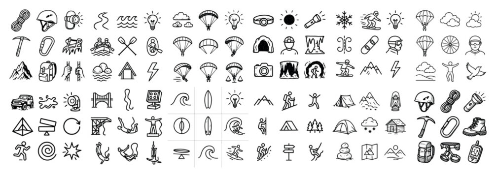 Adventure icons with tent backpack mountain outline