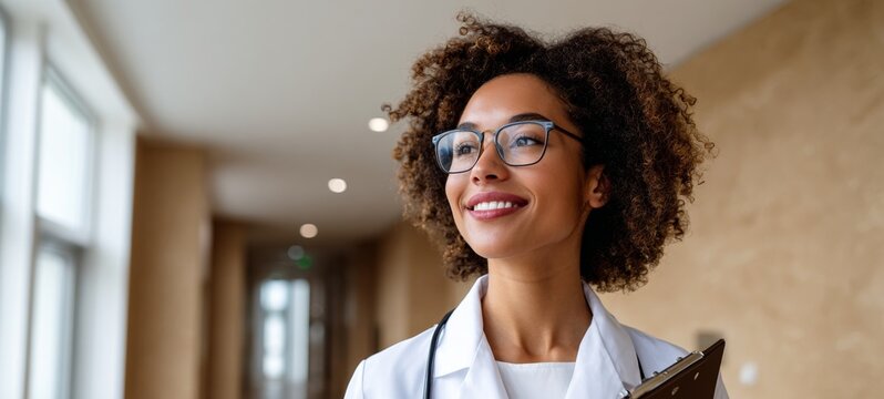 Woman doctor smiling in hallway.