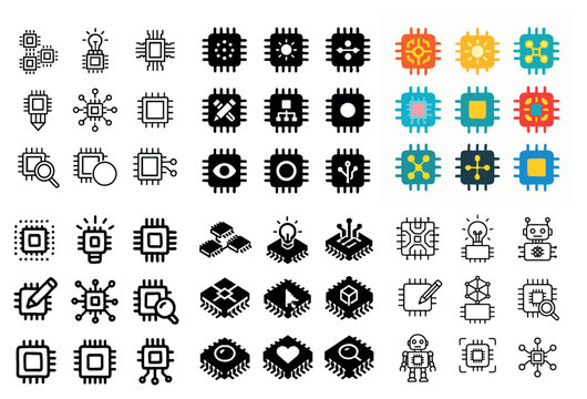 Technology icons with microchip circuit cpu flat