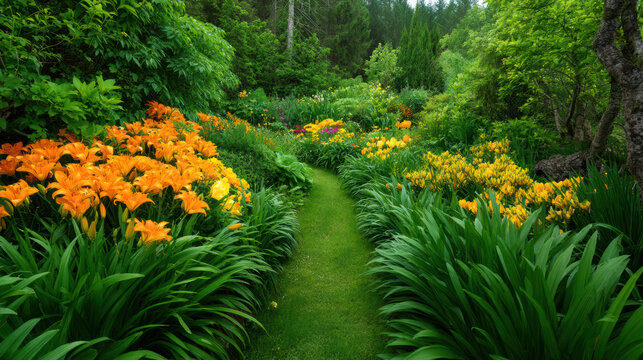 A lush green path meanders through a vibrant garden filled with colorful flowers and foliage, creating a peaceful and inviting outdoor oasis for exploration and enjoyment.