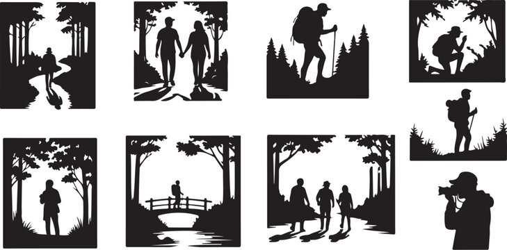 Silhouette of people hiking and walking in forest