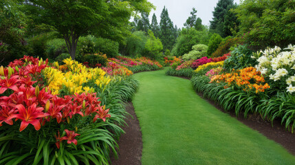 Fototapeta premium A winding green lawn path cuts through a vibrant display of colorful daylilies and lush foliage in a well-maintained garden on a beautiful summer day outdoors.