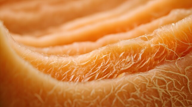 Extreme close-up of the textured flesh of a ripe cantaloupe melon