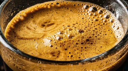 Extreme macro shot of a freshly pulled shot of espresso in a small glass cup, highlighting the rich golden crema forming bubbles on top.
