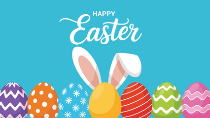 Happy Easter festive illustration with bunny ears and colorful decorated eggs cheerful holiday greeting typography design on blue background © Icons Queen