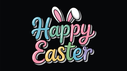 Happy Easter colorful gradient typography with bunny ears vibrant lettering festive holiday greeting modern design on black background illustration © Icons Queen