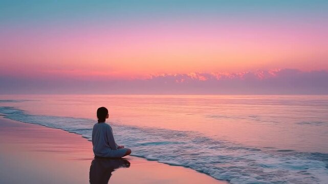 Person meditating on a tranquil beach at sunrise with colorful pastel sky