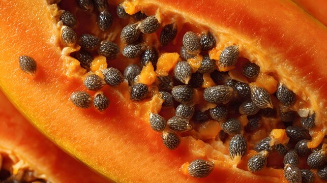 Close-up macro shot of a ripe papaya fruit cut in half revealing its seeds