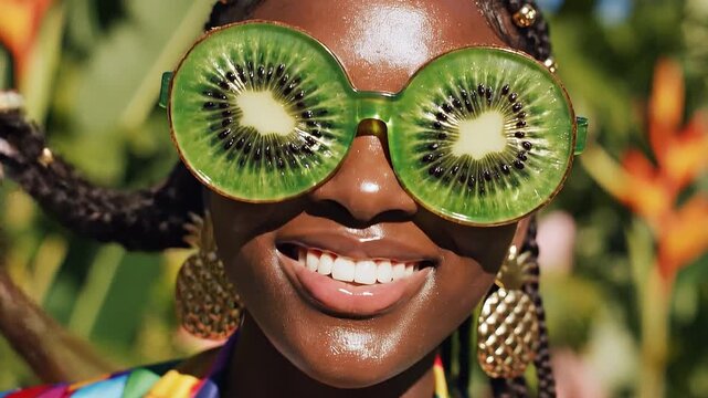 Young woman wearing oversized kiwi sunglasses and pineapple earrings in vibrant tropical setting with colorful attire