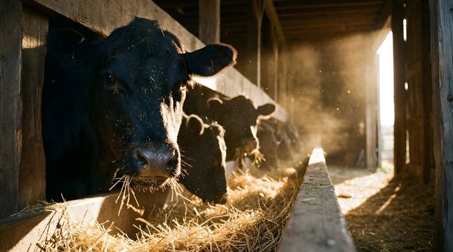 Several black cows eating golden straw while standing inside a wooden barn during the morning sun