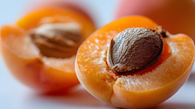 Close-up macro shot of a ripe apricot cut in half revealing its textured seed and juicy flesh
