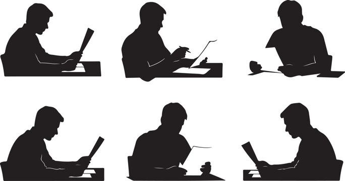 Silhouettes of people working on laptops and reading documents