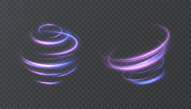 A glowing neon swirl with purple and blue shimmer, luminous spiral rings, and a motion effect against a dark background. An abstract, energetic effect for design and overlays.