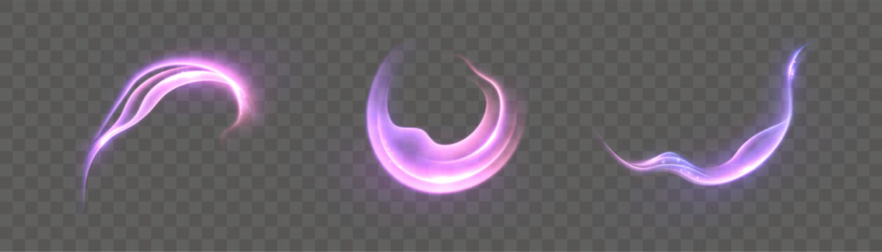 A set of vibrant purple swirl light trail effects with vibrant shimmer and trailing light. Vector light effects for design and illustrations.