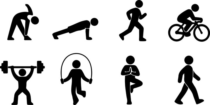 Fitness Exercise Silhouette Icons Set Push Up Running Skipping Yoga Pose Vector