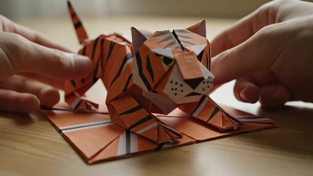 Hands Creating Intricate Origami Art with Colorful Paper Folds on Wooden Table Surface in Natural Light