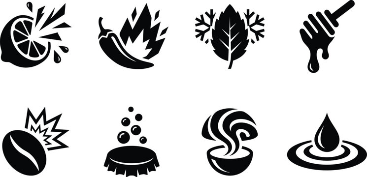 Minimalist Flavor and Sensation Icon Set, Food and Drink Taste Profile Symbols for Spicy Citrus Mint Honey Coffee Carbonated Hot and Liquid Drop Vector Illustrations for Menu Design