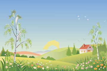 Fototapeta premium Idyllic countryside scene with a small house and rolling hills