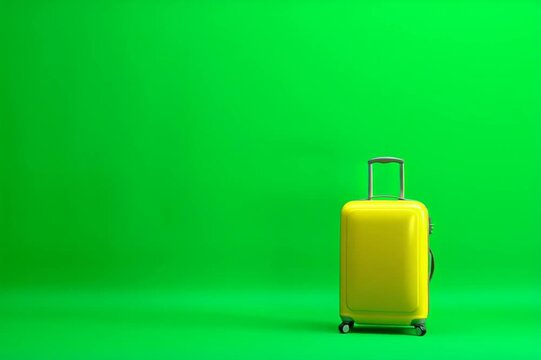 Yellow Hard-Shell Trolley Suitcase Spinning 360 Degrees on a Solid Green Background