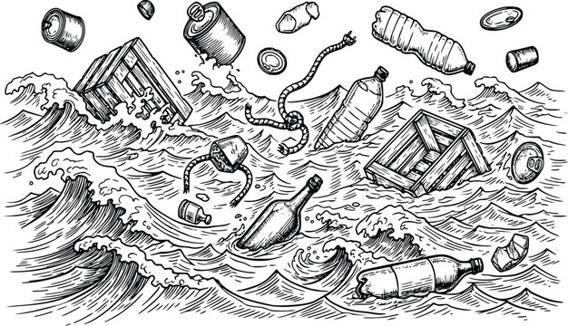 Vintage engraving ocean pollution illustration with floating junk and sea waves vector