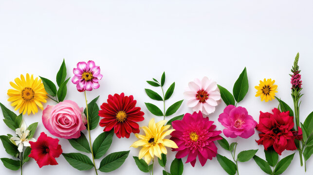 A vibrant array of colorful flowers, including roses, daisies, and zinnias, are arranged with fresh green leaves on a clean white background to create a bright border.