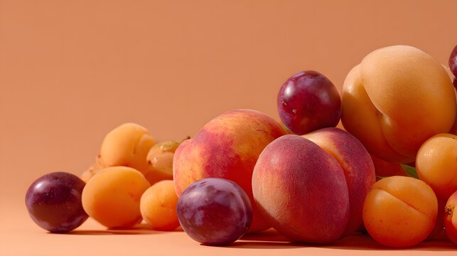 Assortment of ripe peaches, plums, and apricots artfully arranged on a warm-toned surface
