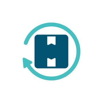 A parcel surrounded by circular arrows represents product return and exchange workflow. This graphic suits ecommerce service pages, retail dashboards, refund policies, and order management materials