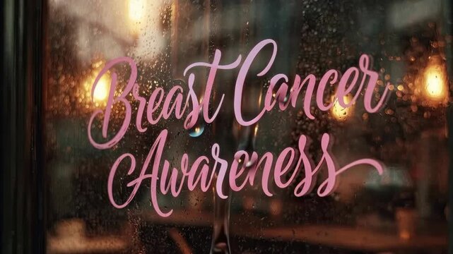 Pink Breast Cancer Awareness sign on a wet rainy window with bokeh