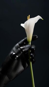 Robotic hand holding white calla lily