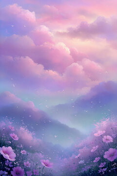Dreamy purple and pink pastel mountain valley landscape with cosmos flowers and fairy dust, oil painting style