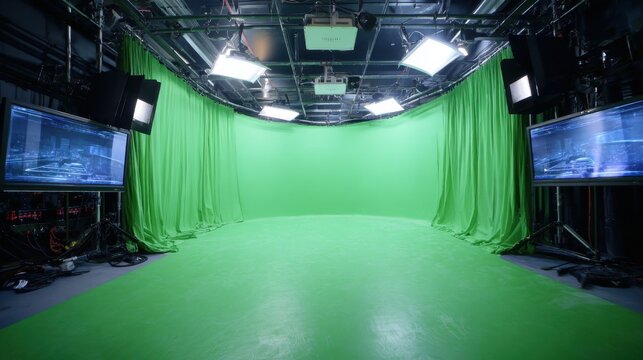 Modern studio setup with green screen backdrop, professional lighting, and large monitors, ideal for film, photography, and video production purposes and creative projects.