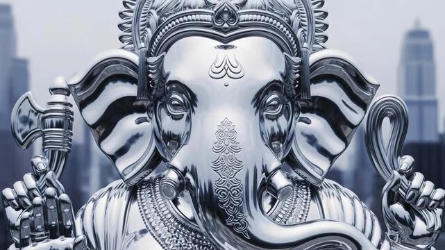 Majestic Silver Ganesha Statue with Intricate Details and Urban Backdrop.