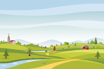 Fototapeta premium Cartoon landscape featuring rolling hills river and quaint houses
