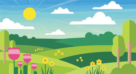 Fototapeta premium Cartoon-style illustration of a sunny day with clouds, trees, and fields