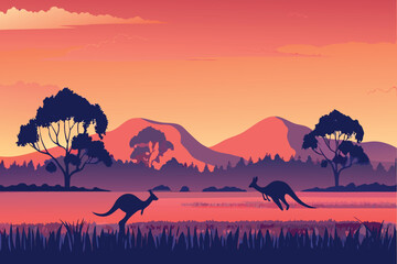 Silhouette of kangaroos against a vibrant australian sunset landscape © MAYENUDDIN