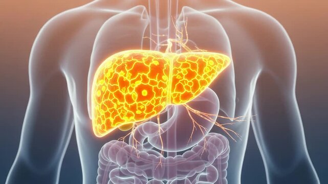 Transparent torso showing scarred liver and cirrhosis damage