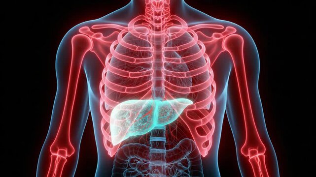 Floating glowing liver showing cirrhosis and organ failure