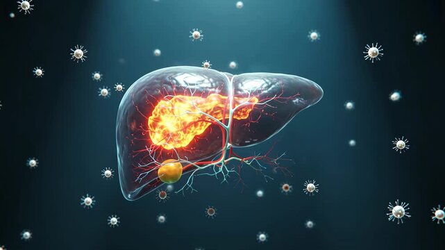 Amber glowing liver with immune forms showing cirrhosis