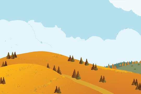 Stylized landscape featuring rolling hills and evergreen trees
