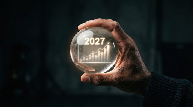Hand holding clear glass sphere with 2027 growth chart. Business outlook concept.