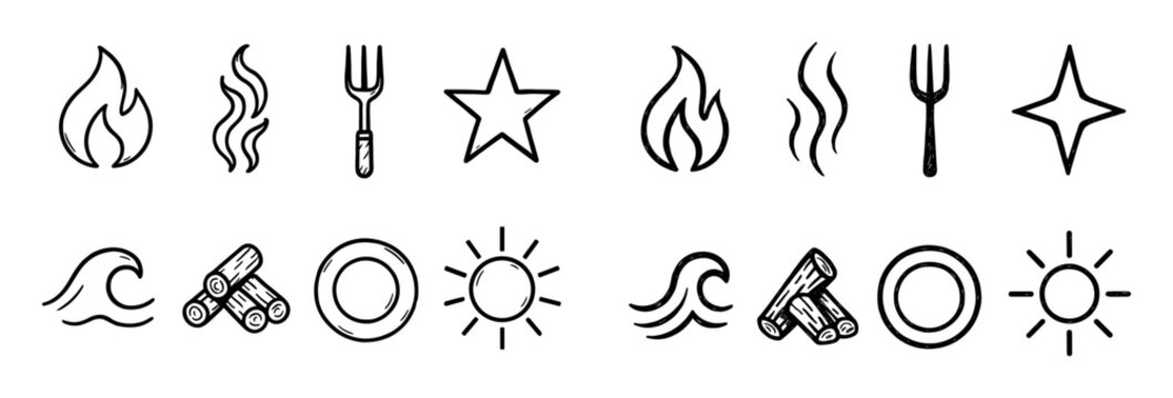 Campfire icons with flame log and sun linear