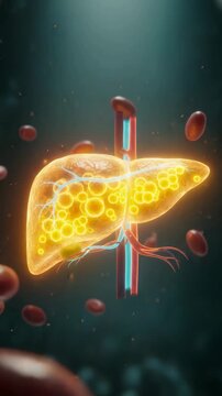 Glowing liver with blood flow showing cirrhosis, oxygen stress