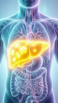 Transparent torso with scarred liver showing cirrhosis