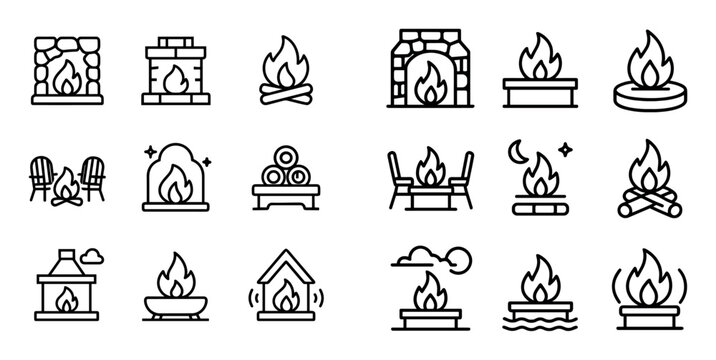 Fireplace icons with flame log chair outline