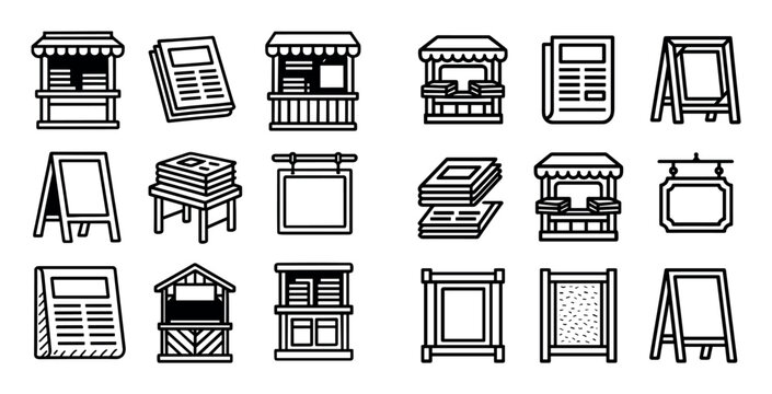Market icons with stall newspaper sign outline