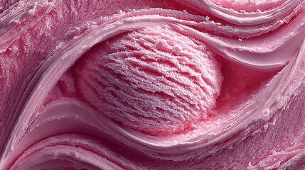 Fototapeta premium Rich, creamy pink sorbet forms beautiful swirls and patterns, inviting a joyful taste on a sunny day. The refreshing treat promises sweetness and satisfaction with each spoonful